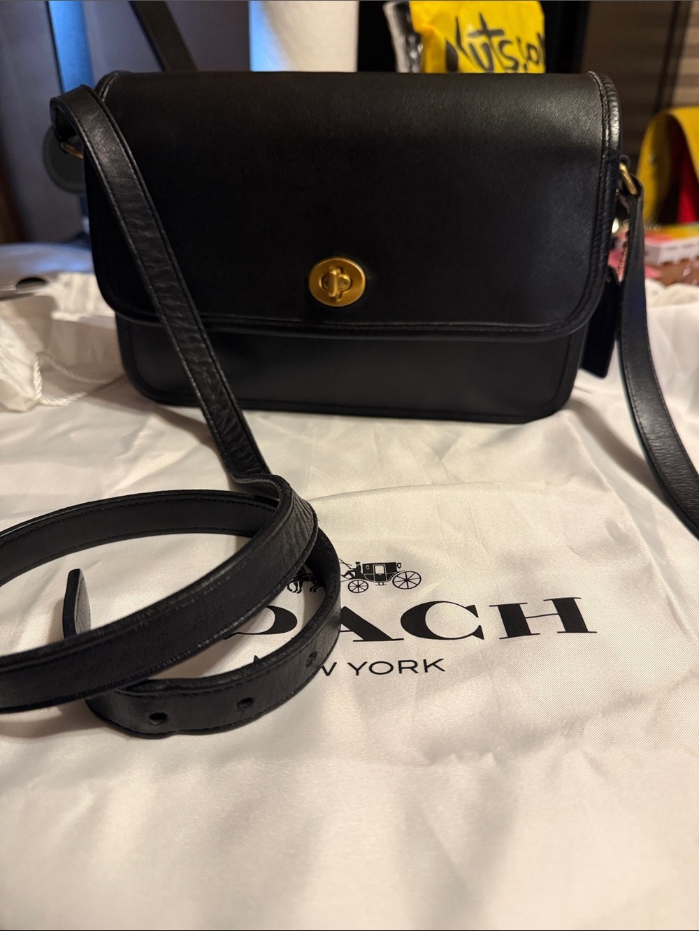 Coach Black Leather Crossbody with Gold Turnlock